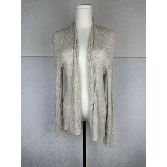 Eileen Fisher Cardigan Beige Open Front Long Sleeve Sz M Knit Rayon Linen Blend - Picture 1 of 10
